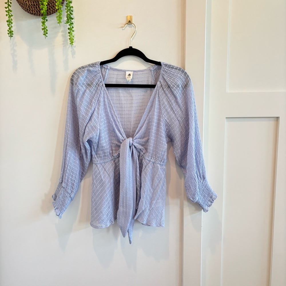 Flawless Babydoll Front Tie Sheer Textured Light Blue Peplum Women's Top Size M